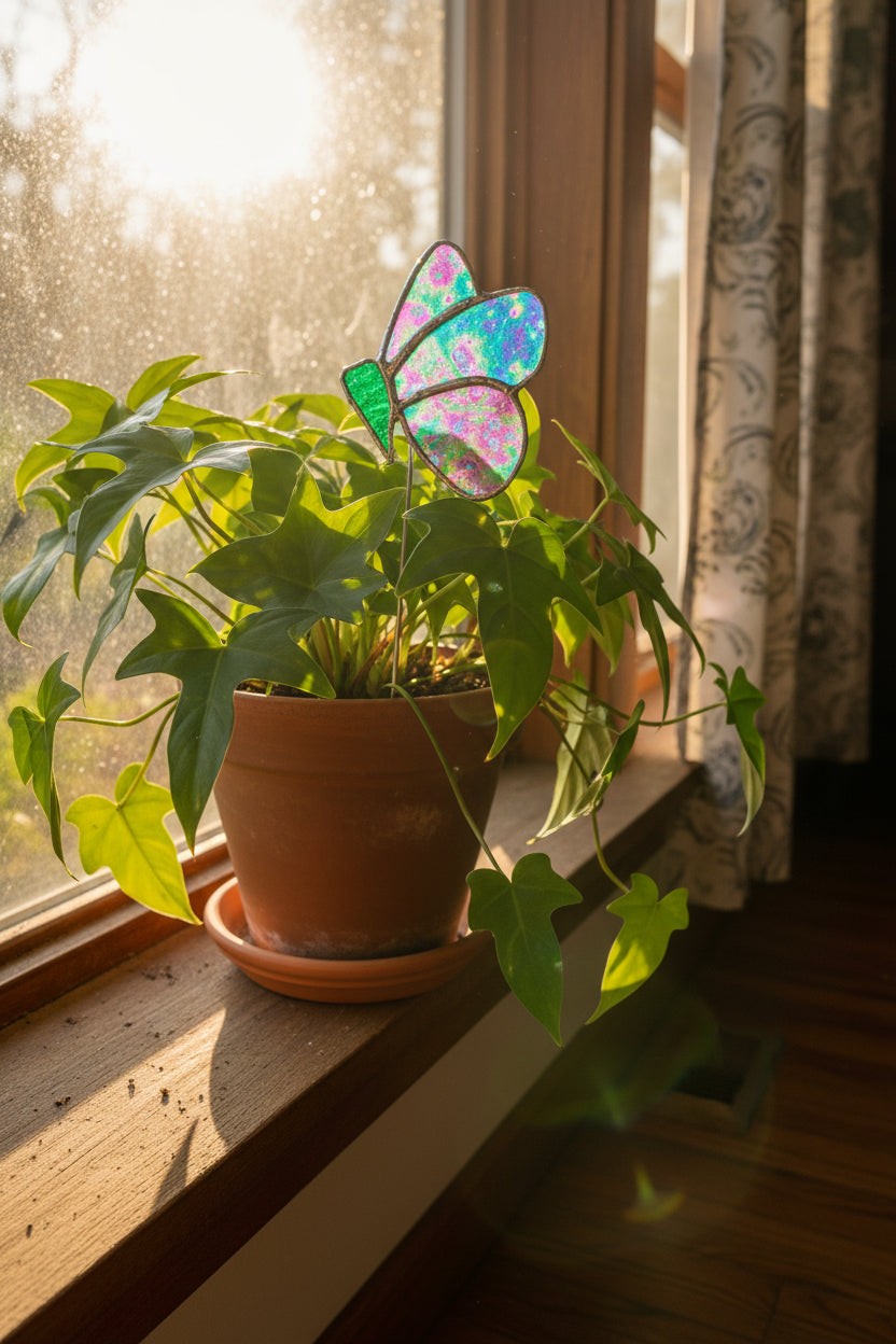 Stained Glass Butterfly Plant Stake – Green & Teal