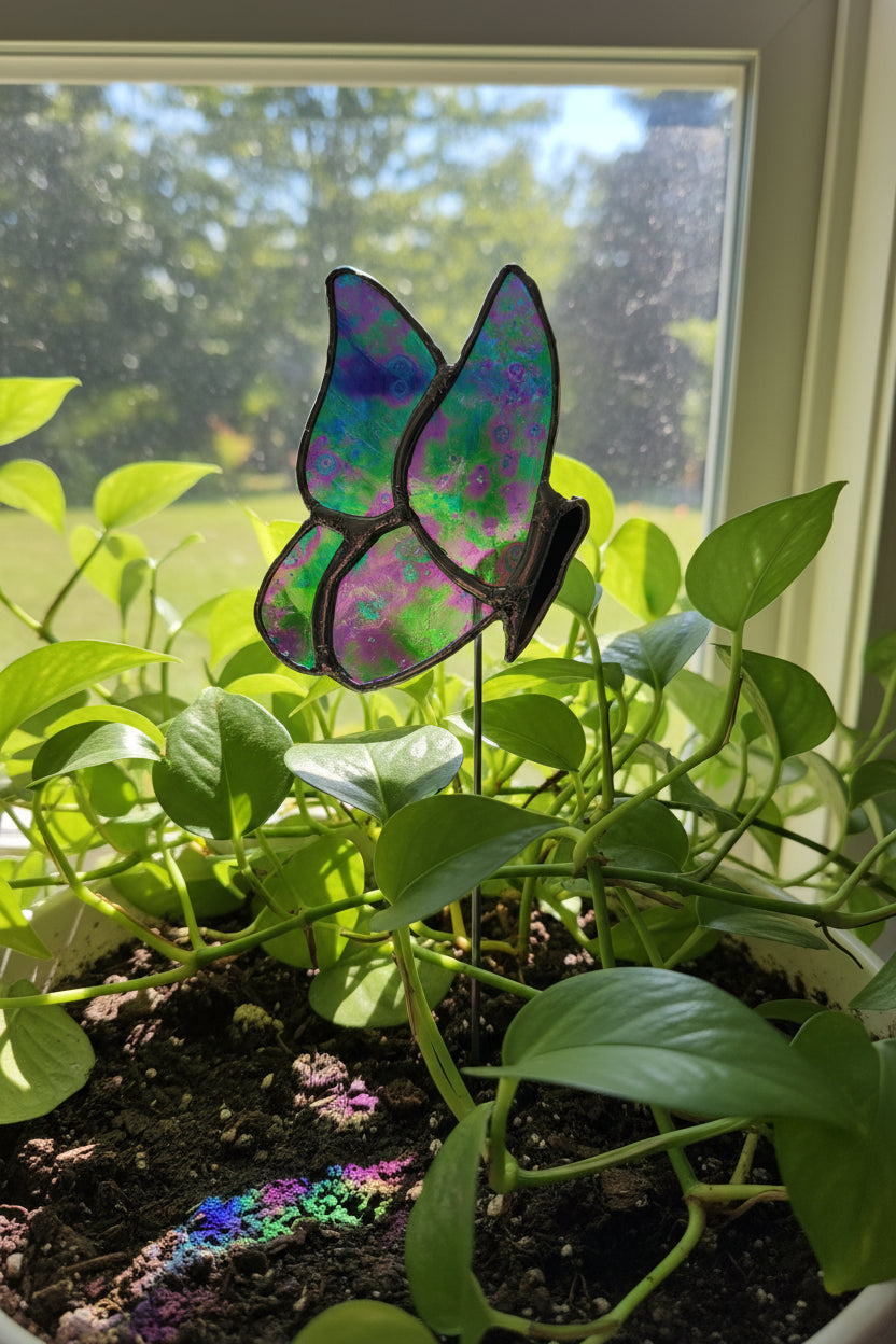 Stained Glass Butterfly Plant Stake – Blue & Lavender Iridescent