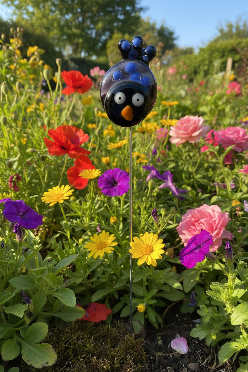 Fused Glass Grumpy Bird Plant Stake