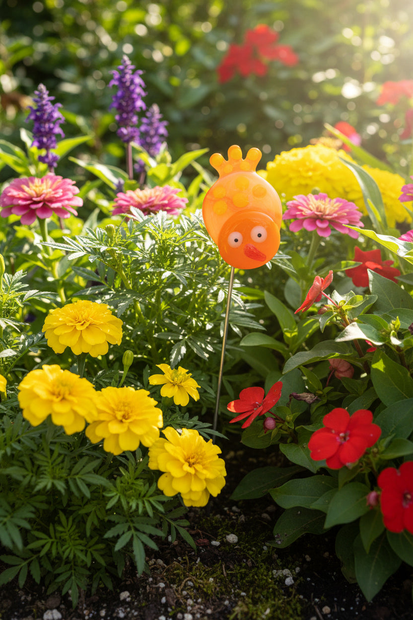 Fused Glass Orange & Yellow Bird Plant Stake